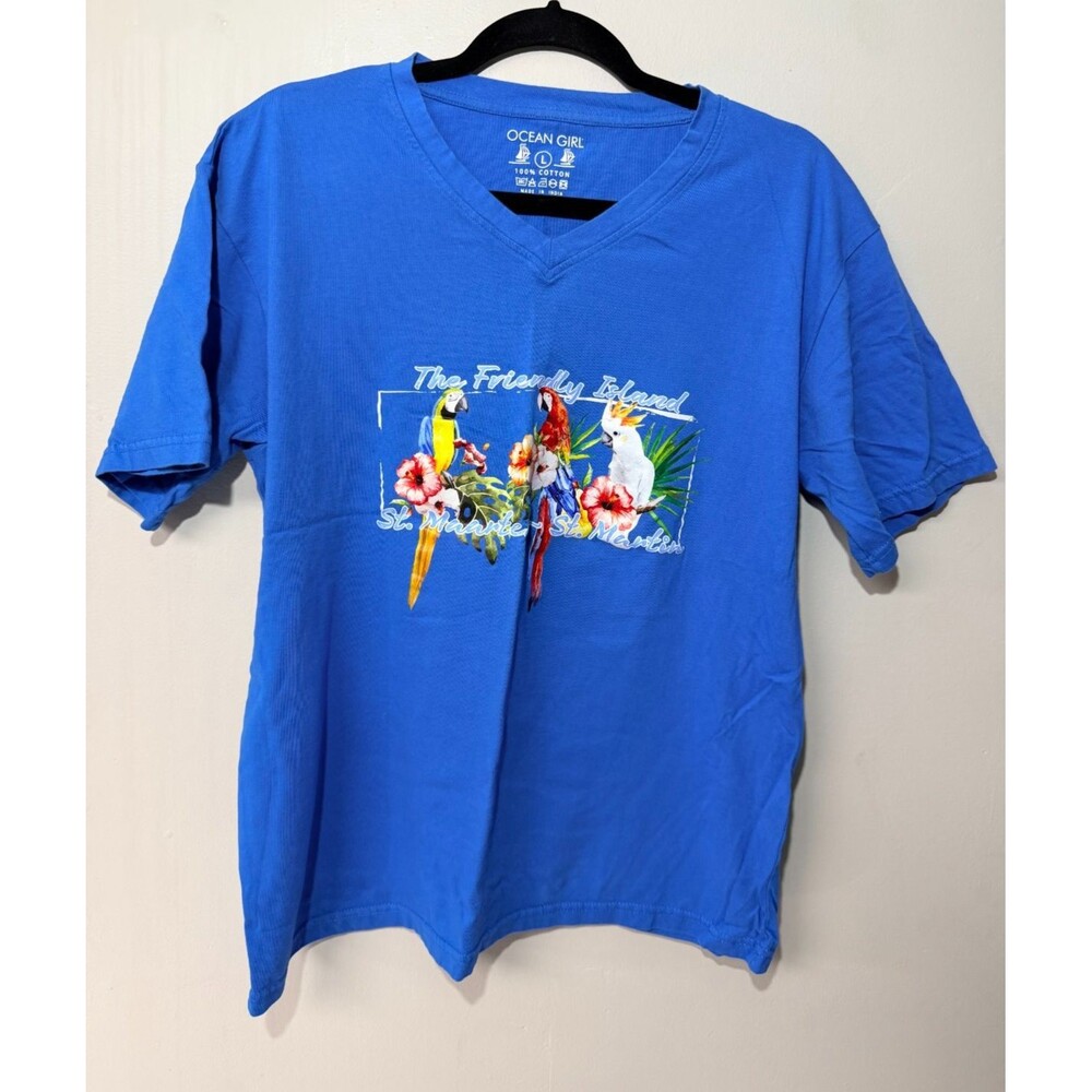 Ocean Girl St Maarten St Martin Parrot T Shirt Women's Large Blue V Neck Tee